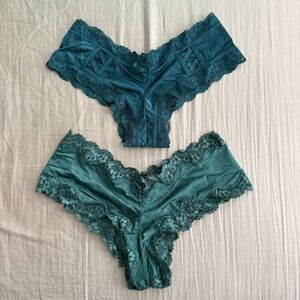 2 x Victoria's Secret Luxe Green Lace Panties Very Sexy Cheeky Satin Strappy